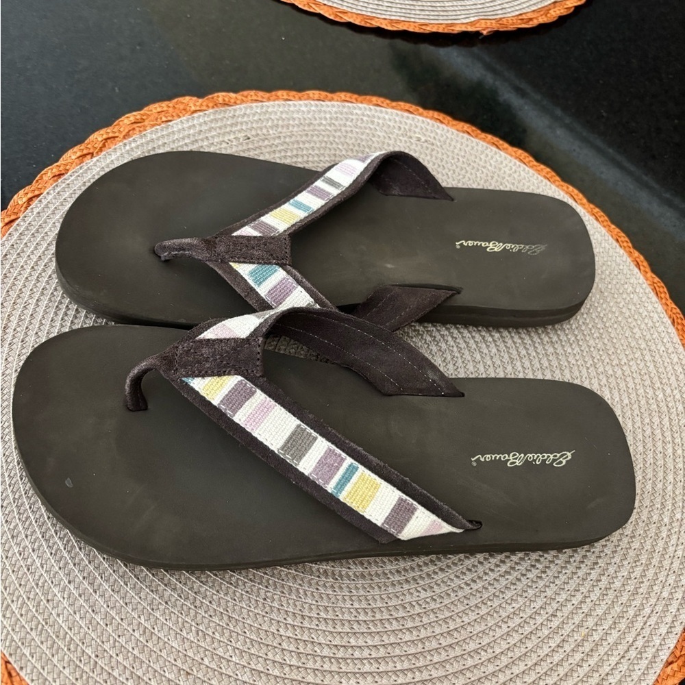 Eddie Bauer Brown Flip Flops with Suede and Colorful Canvas Embellished Straps 8